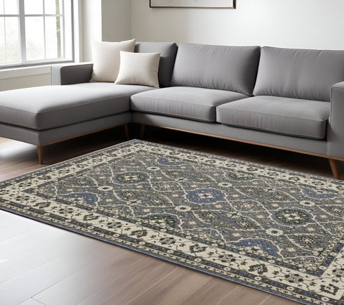 5' X 8' Blue And Gray Oriental Area Rug With Fringe